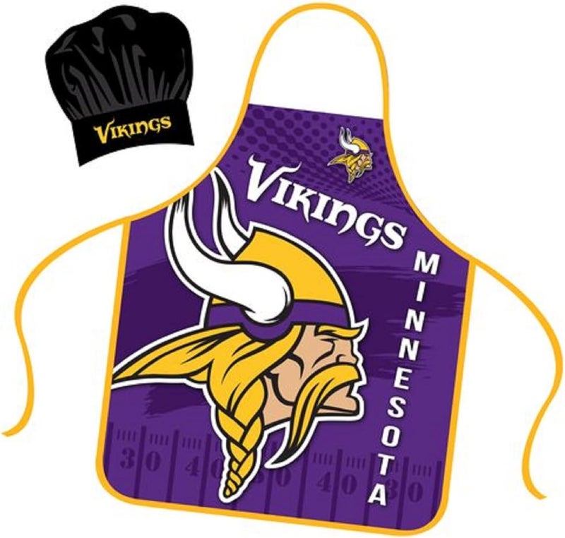 Mojo Licensing Minnesota Vikings Apron Chef Hat Set Full Color Universal Size Tie Back Grilling Tailgate BBQ Cooking Host - Image 2